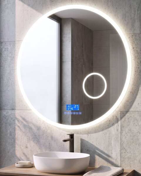 Kúpeľňové nástenné LED zrkadlo strieborné okrúhle 80 x 80 cm s Bluetooth reproduktorom