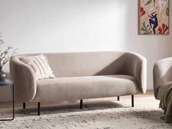 3-miestna pohovka sivobéžová polyester látkové čalúnenie čierne kovové nohy zaoblený tvar moderný art deco štýl obývačka