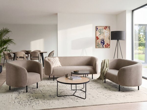 Sedacia súprava sivobéžová polyester látkové čalúnenie čierne kovové nohy zaoblený tvar 2 pohovky kreslo moderný art deco štýl obývačka