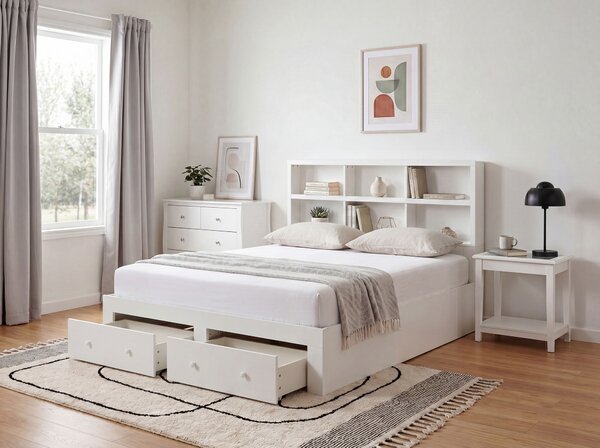 Posteľ biela MDF 180 x 200 cm úložný priestor 2 zásuvky čelo s policami minimalistický štýl
