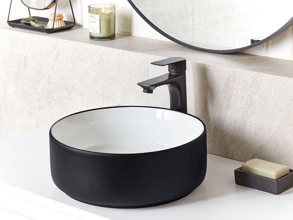 Kúpeľňové umývadlo na dosku čierne keramické lesklé 36 cm okrúhle moderný štýl