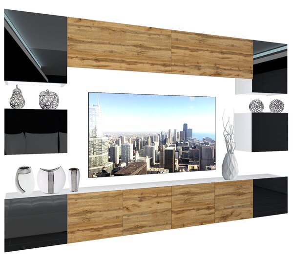 Obývacia stena Belini Premium Full Version čierny lesk / dub wotan + LED osvetlenie Nexum 52