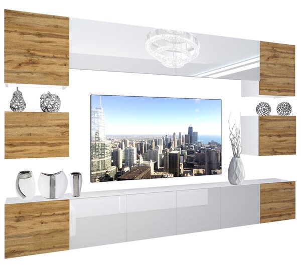 Obývacia stena Belini Premium Full Version dub wotan / biely lesk + LED osvetlenie Nexum 46