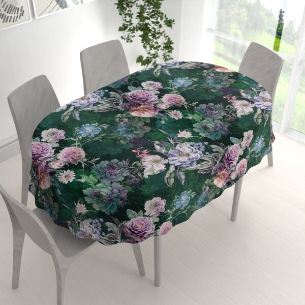 Biante Dekoračný oválny obrus Parma PM-114 Fialové kvety na tmavo zelenom 50x100 cm