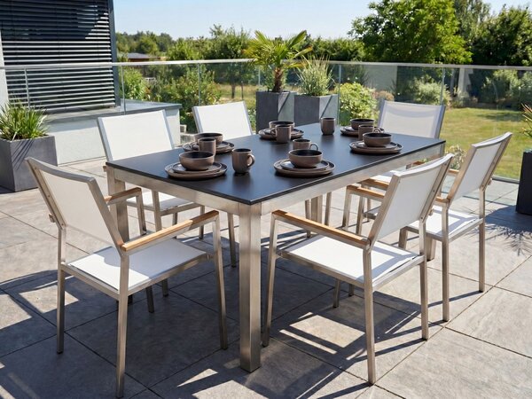 Záhradná jedálenská súprava čierny sklenený stôl 180 x 90 cm 6 bielych textilných stoličiek