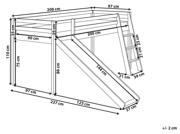 Detská vyvýšená posteľ svetlohnedá borovicové drevo 90 x 200 cm s roštom rebríkom a šmykľavkou lôžko pre deti