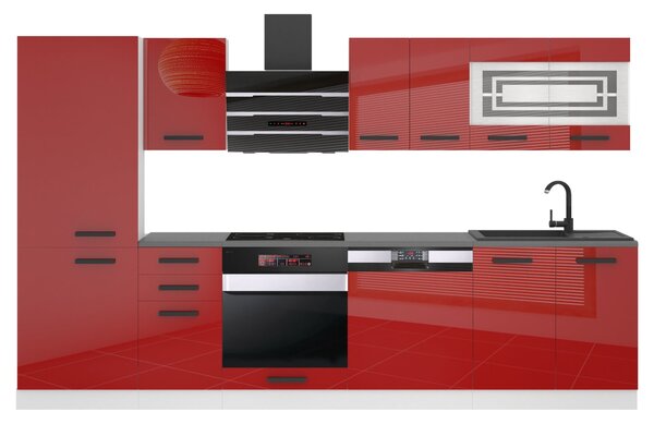 Kuchynská linka Belini Premium Full Version 300 cm červený lesk s pracovnou doskou CINDY