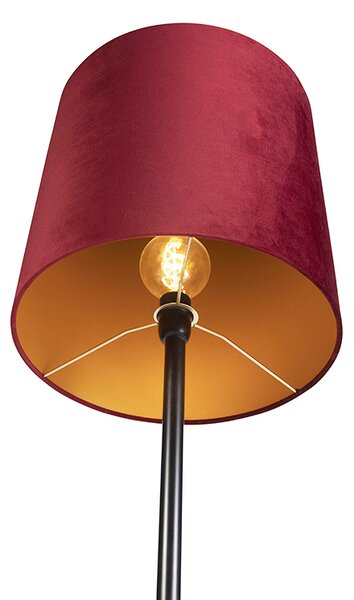 Stojaca lampa čierna s červeným zamatovým tienidlom so zlatom 40 cm - Simplo