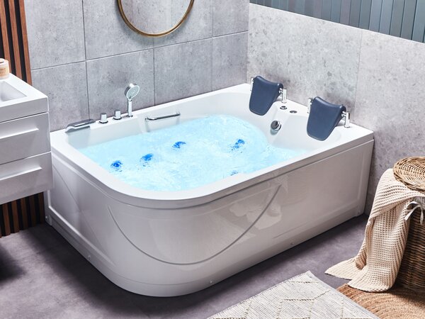 Ľavá rohová vírivá vaňa biela akrylátová 170 x 119 cm podvodné LED svetlá pre 2 osoby hydromasážna