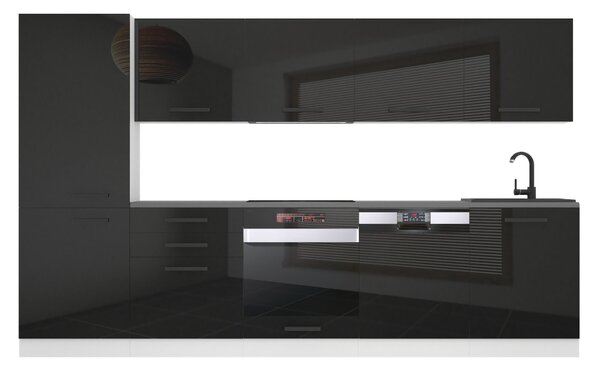 Kuchynská linka Belini Premium Full Version 300 cm čierny lesk s pracovnou doskou ROSE