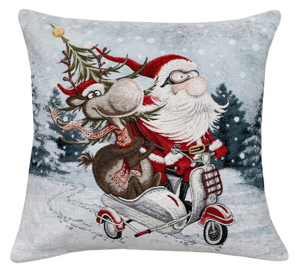 Vianočná gobelínová obliečka na vankúš Santa na skútri Chenille IT045 Farba Viacfarebná Rozmery 42x42 cm