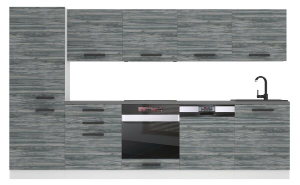 Kuchynská linka Belini Premium Full Version 300 cm šedý antracit Glamour Wood s pracovnou doskou ROSE
