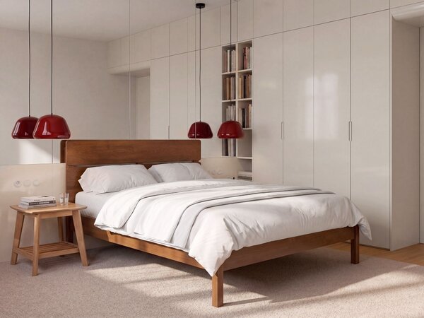 Posteľ tmavohnedá kaučukové drevo 120 x 200 cm dvojlôžko s lamelovým čelom a roštom minimalistický rustikálny štýl