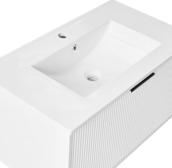 Závesná kúpeľňová skrinka s umývadlom biela s čiernym úchytom MDF 80 cm s 2 zásuvkami úložný priestor moderný štýl kúpeľňa