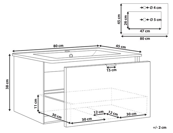 Závesná kúpeľňová skrinka s umývadlom biela s čiernym úchytom MDF 80 cm s 2 zásuvkami úložný priestor moderný štýl kúpeľňa