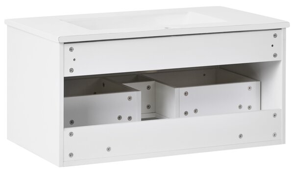 Závesná kúpeľňová skrinka s umývadlom biela s čiernym úchytom MDF 80 cm s 2 zásuvkami úložný priestor moderný štýl kúpeľňa