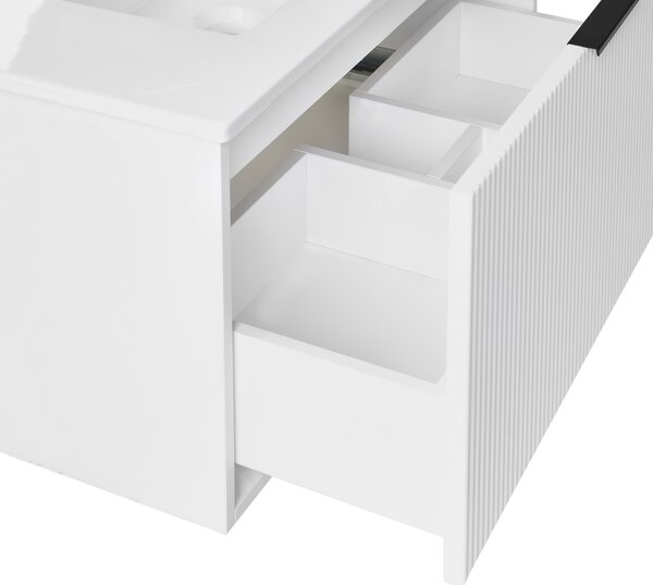 Závesná kúpeľňová skrinka s umývadlom biela s čiernym úchytom MDF 80 cm s 2 zásuvkami úložný priestor moderný štýl kúpeľňa