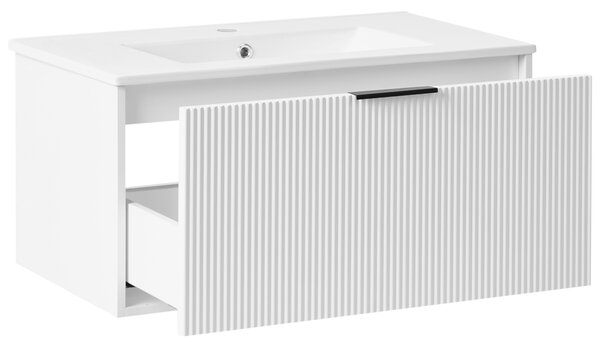 Závesná kúpeľňová skrinka s umývadlom biela s čiernym úchytom MDF 80 cm s 2 zásuvkami úložný priestor moderný štýl kúpeľňa