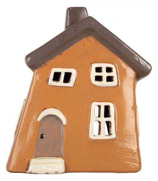 Oranžový keramický svietnik na čajovú sviečku domček Village - 18*13*20 cm - Clayre & Eef