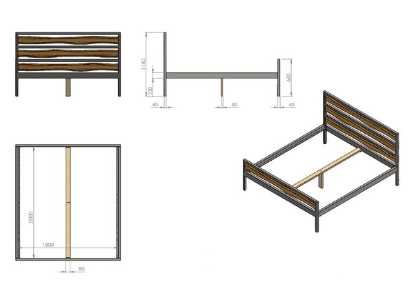 Železná posteľ Nil 180x200 v kombinácii dubového masívu a kovu