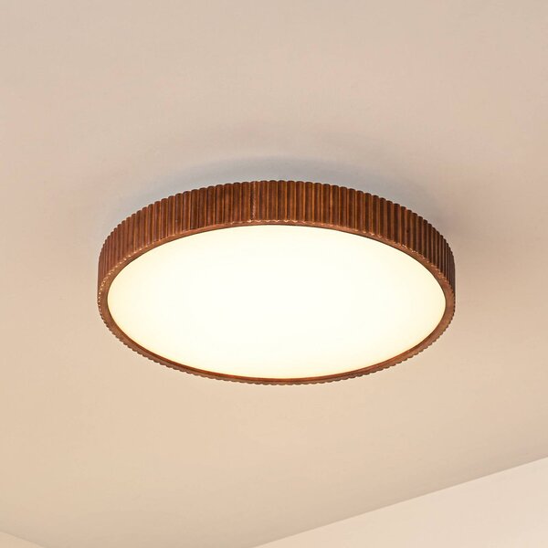 Lindby stropné LED svetlo Velua, biele/tmavé drevo, Ø 50 cm, Tmavé drevo, Obývacia izba / jedáleň, Drevo, Moderný