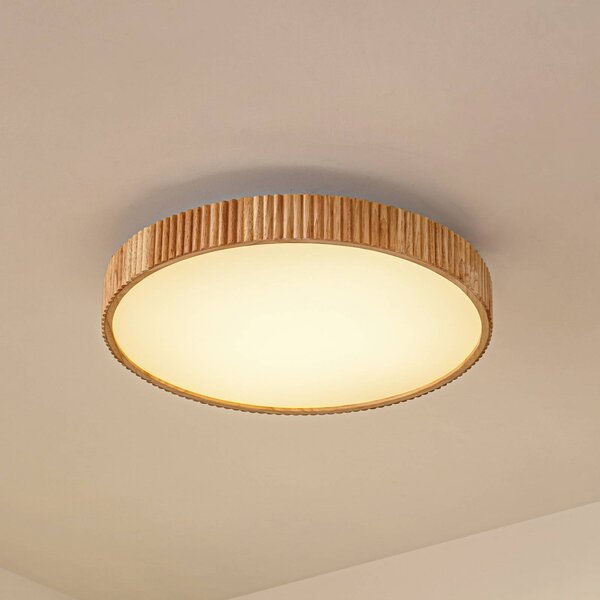 Lindby stropné LED svetlo Velua, biele/svetlé drevo, Ø 50 cm, Svetlé drevo, Obývacia izba / jedáleň, Drevo, Moderný