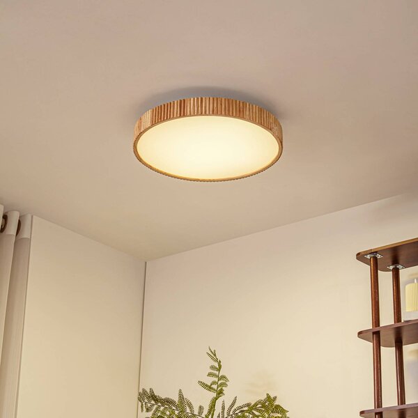 Lindby stropné LED svetlo Velua, biele/svetlé drevo, Ø 50 cm, Svetlé drevo, Obývacia izba / jedáleň, Drevo, Moderný