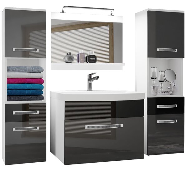 Kúpeľňový nábytok Belini Premium Full Version šedý lesk / čierny lesk + umývadlo + zrkadlo + LED osvetlenie Glamour 107
