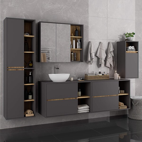 Ak furniture Závesná skrinka pod umývadlo VAMI s otvormi 90 cm sivý grafit/dub artisan