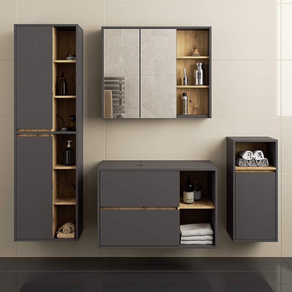 Ak furniture Závesná skrinka pod umývadlo VAMI s otvormi 90 cm sivý grafit/dub artisan