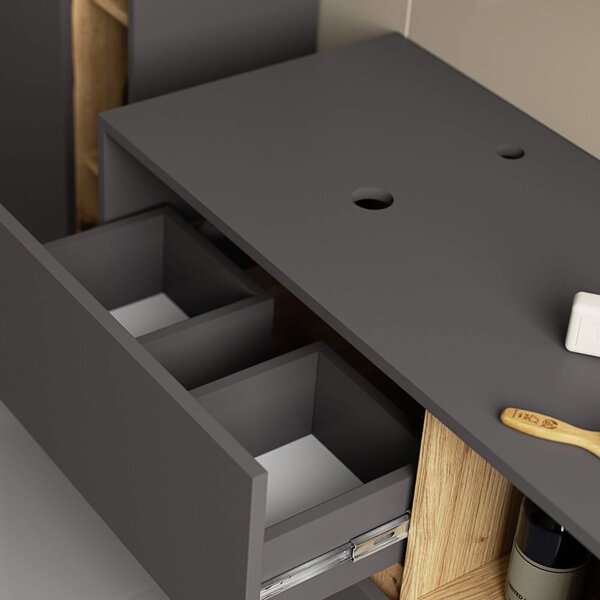 Ak furniture Závesná skrinka pod umývadlo VAMI s otvormi 90 cm sivý grafit/dub artisan