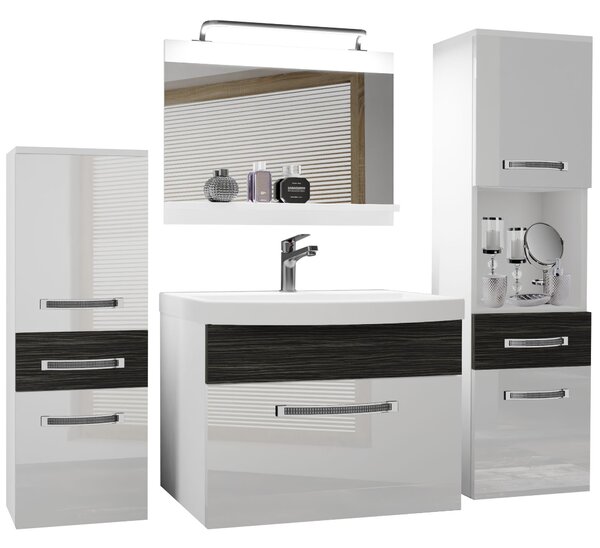 Kúpeľňový nábytok Belini Premium Full Version biely lesk / šedý mat + umývadlo + zrkadlo + LED osvetlenie Glamour 92
