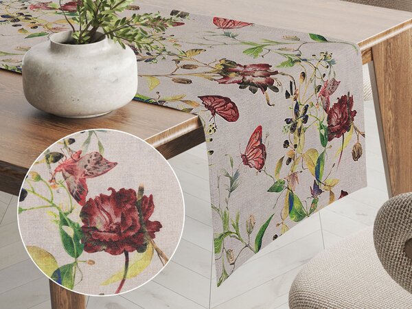 Biante Dekoračný behúň na stôl PML-083 Kvety a motýle na béžovom 20x140 cm