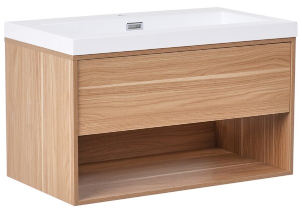 Závesná kúpeľňová skrinka s keramickým umývadlom svetlohnedá spracované drevo 80 cm so zásuvkou moderný dizajn