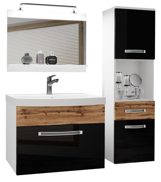 Kúpeľňový nábytok Belini Premium Full Version čierny lesk / dub wotan + umývadlo + zrkadlo + LED osvetlenie Glamour 57