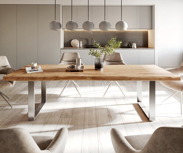 DELIFE Jedálenský stôl Edge 280x100 cm XL akácia prírodná nerezová oceľ úzky Live-Edge