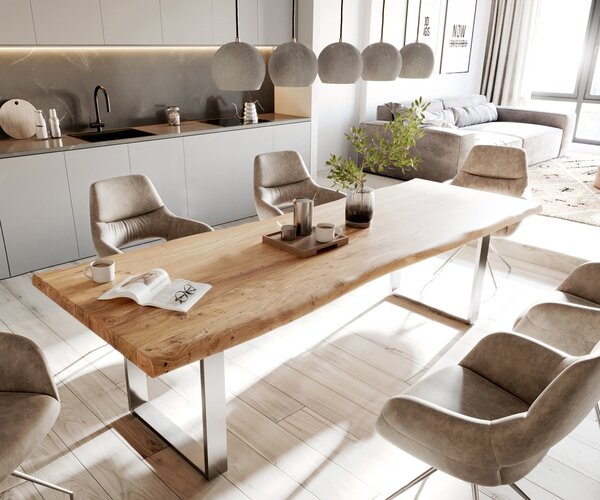 DELIFE Jedálenský stôl Edge 280x100 cm XL akácia prírodná nerezová oceľ úzky Live-Edge