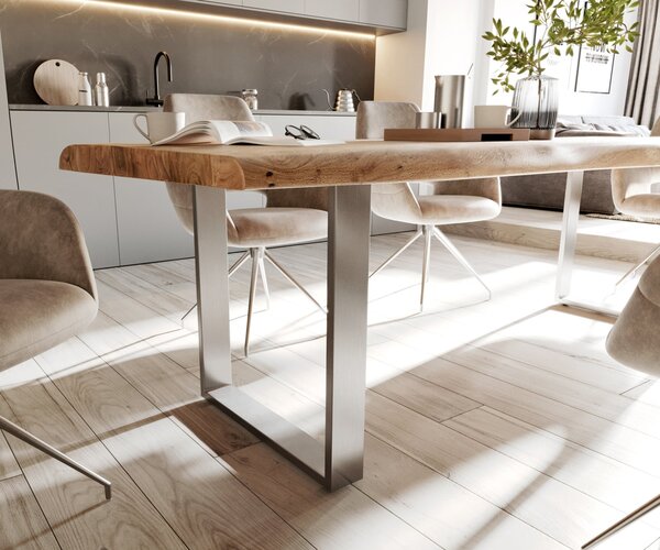 DELIFE Jedálenský stôl Edge 280x100 cm XL akácia prírodná nerezová oceľ úzky Live-Edge