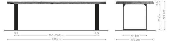 DELIFE Jedálenský stôl Edge 280x100 cm XL akácia prírodná nerezová oceľ úzky Live-Edge