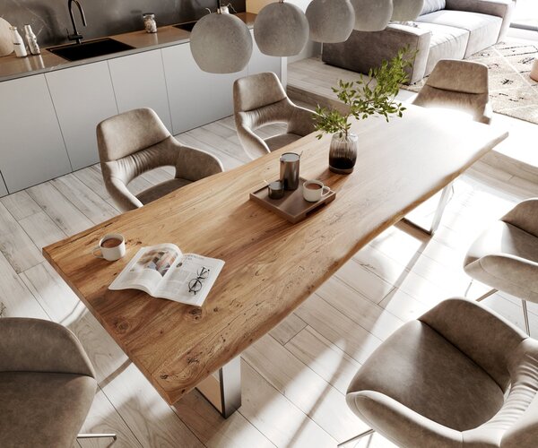 DELIFE Jedálenský stôl Edge 280x100 cm XL akácia prírodná nerezová oceľ úzky Live-Edge
