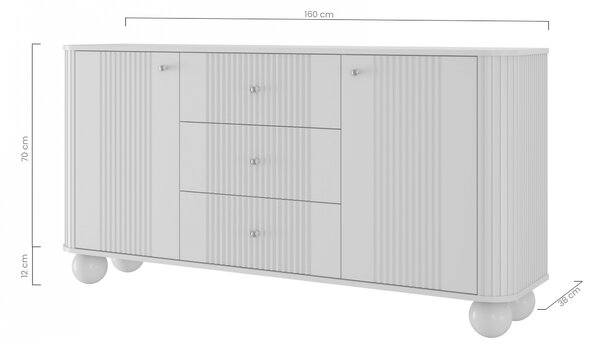 Komoda Vesper 160 cm so zásuvkami na guľatých nohách - čierna / zlaté úchytky / guľaté nohy