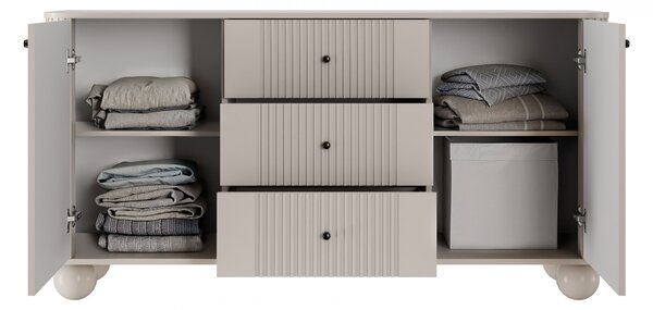 Komoda so zásuvkami Vesper 160 cm - kašmír / čierne úchytky / guľaté nohy