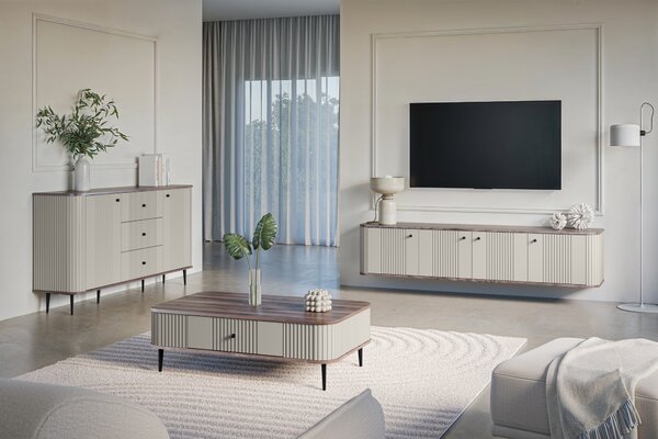 Kávový stolík so zásuvkou Vesper 103x60 cm - kašmír / orech / čierne nohy