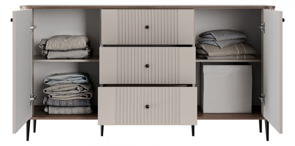 Komoda Vesper 160 cm so zásuvkami na nožičkách - kašmír / orech / čierne nohy