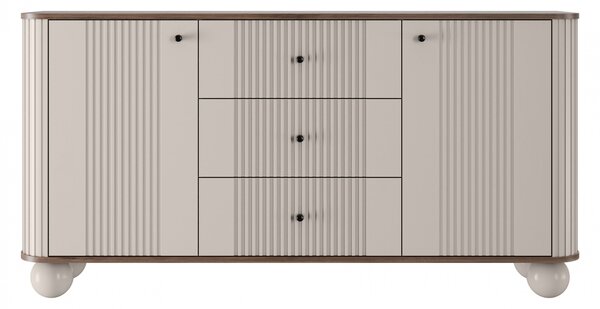 Komoda Vesper 160 cm so zásuvkami na guľatých nohách - kašmír / orech / čierne úchytky