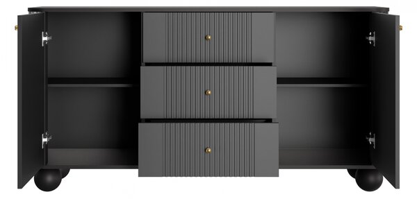Komoda Vesper 160 cm so zásuvkami na guľatých nohách - čierna / zlaté úchytky / guľaté nohy