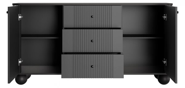 Komoda Vesper 160 cm so zásuvkami na guľatých nohách - čierna / čierne úchytky