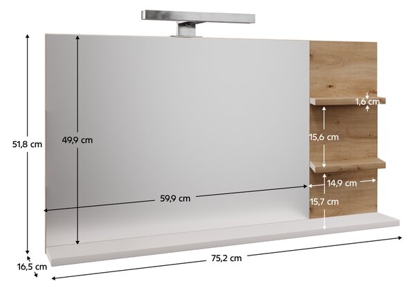 KONDELA Zrkadlo s LED osvetlením, biela/dub artisan, CUBO CUB04