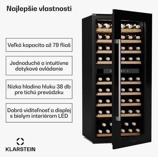 Klarstein Vinsider Duo chladnička na víno, 79 fliaš, 2 chladiace zóny, UV ochrana, 9 políc, Dotykové ovládanie