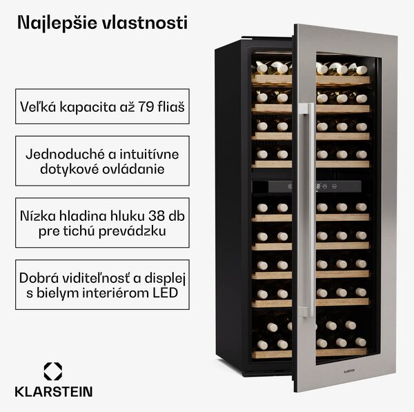 Klarstein Vinsider Duo chladnička na víno, 79 fliaš, 2 chladiace zóny, UV ochrana, 9 políc, Dotykové ovládanie